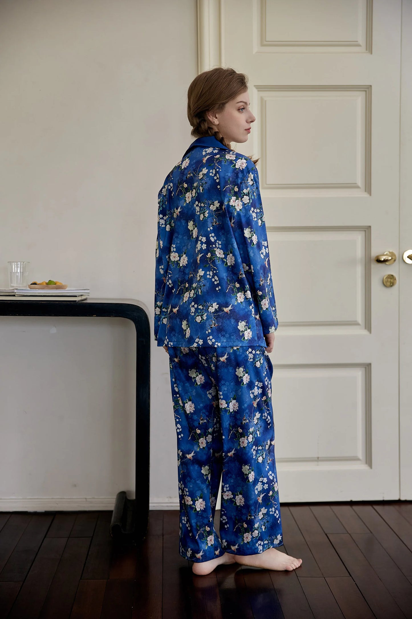 Blue hummingbird and cherry blossom loungewear pyjamas two-piece set