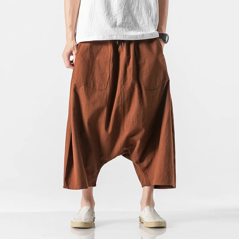 Fashion Loose Cross Pants Men Harajuku Style Plus Size Harem Pants Cotton Linen Casual Japanese Trousers Harajuku Men Sweatpants