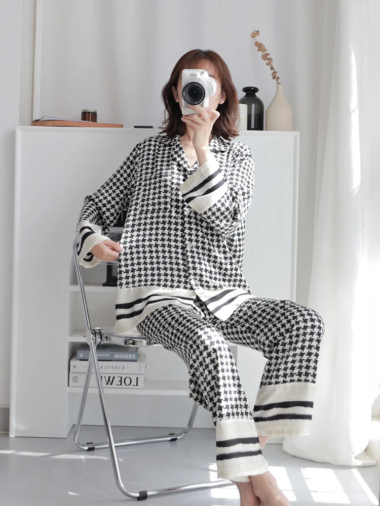 Houndstooth luxurious loungewear pyjamas two-piece set