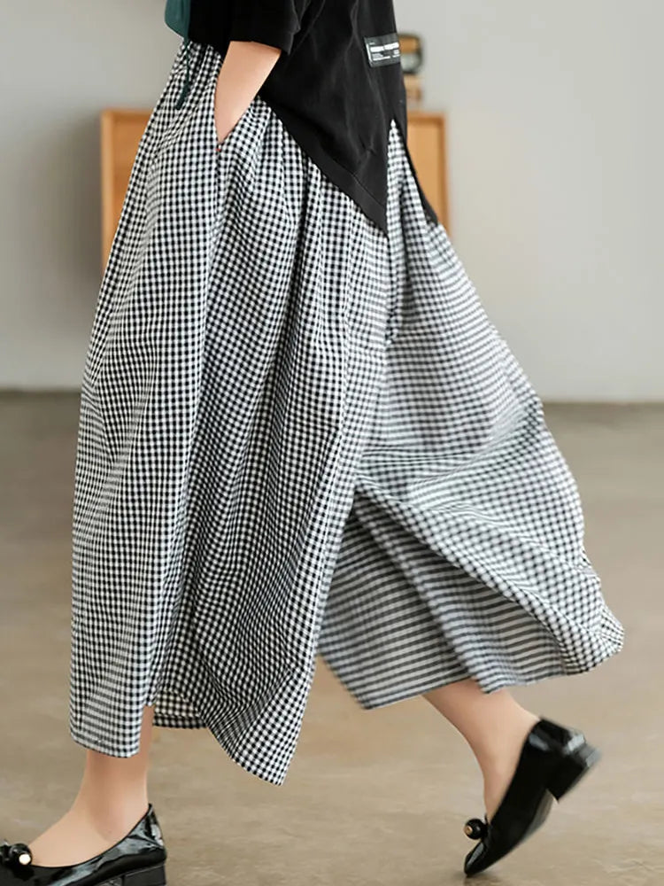 Elegant Woman Dress Plaid Pants Thin Cotton Linen Wide Leg Trousers Women 2023 Summer High Waist Baggy Jogger Pants Sweatpants