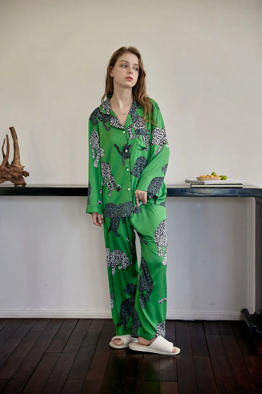 Green leopard luxurious loungewear pyjamas two-piece set