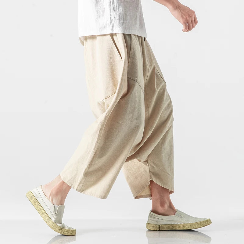 2023 Summer Men Plus Size Casual Harem Pants Vintage Loose Cotton Linen Wide Leg Pants Men Elastic Waist Pantalones Trousers