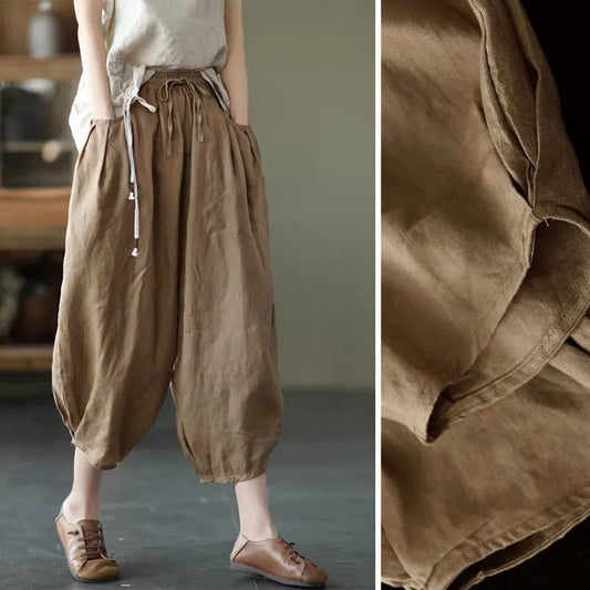 Pantalon Vintage en coton et lin pour femmes, avec taille élastique et lanterne fine et ample, Leggings de couleur unie, été 2022