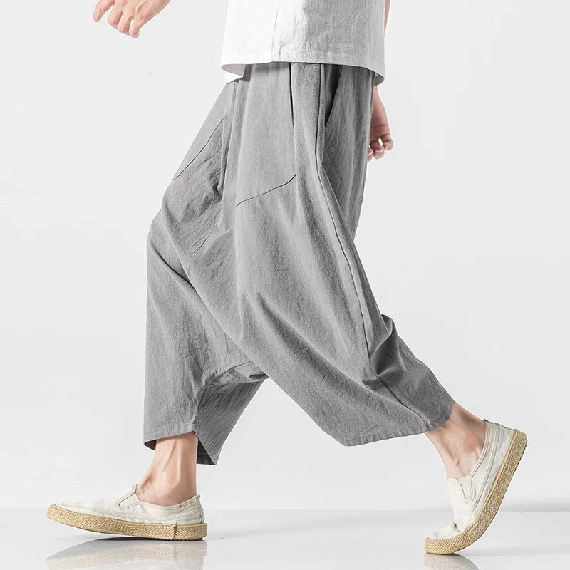 2023 Summer Men Plus Size Casual Harem Pants Vintage Loose Cotton Linen Wide Leg Pants Men Elastic Waist Pantalones Trousers