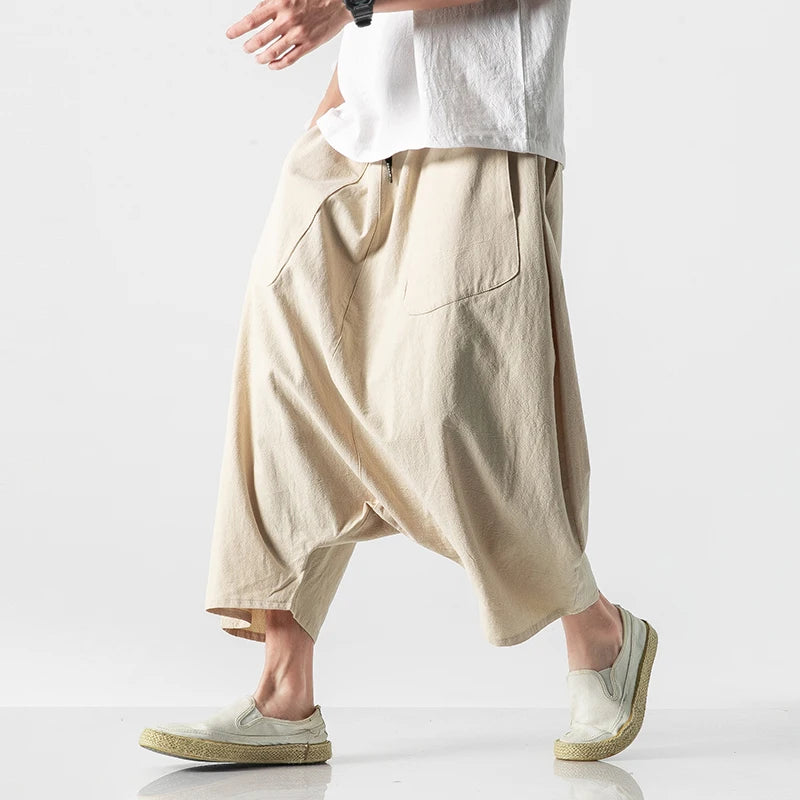 Fashion Loose Cross Pants Men Harajuku Style Plus Size Harem Pants Cotton Linen Casual Japanese Trousers Harajuku Men Sweatpants