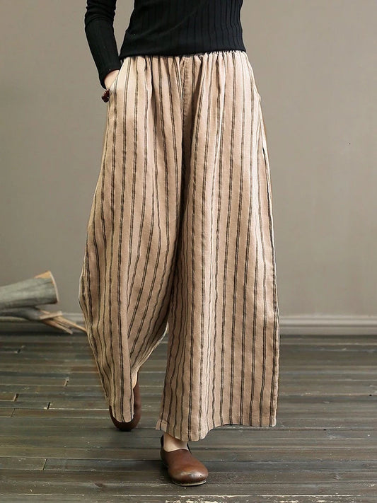 Vintage Striped Wide Trousers for Women 2023 Autumn High Waist Straight Capri Pants with Print 4XL Cotton Linen Slim Home Pants