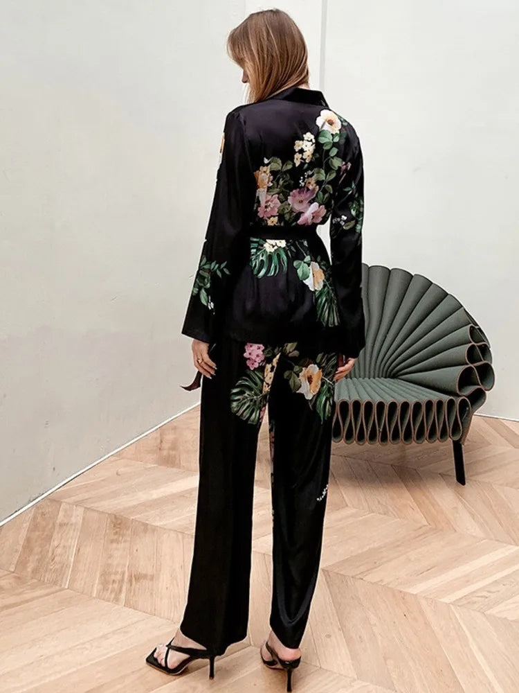 Black floral luxurious loungewear pyjamas two-piece set