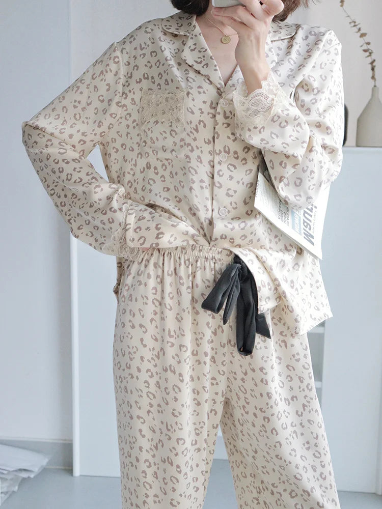 Leopard print luxurious loungewear pyjamas two-piece set