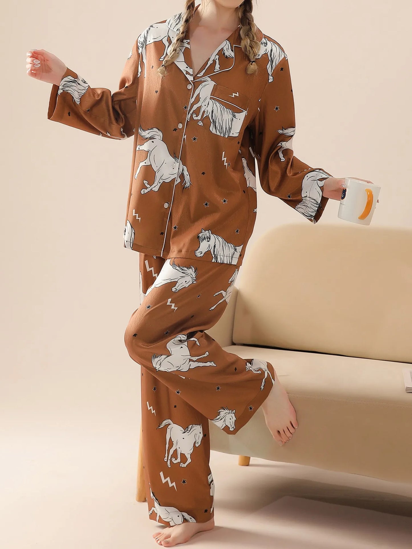 Majestic horse luxurious loungewear pyjamas two-piece set