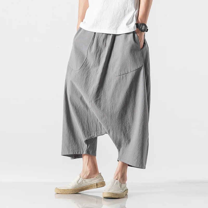 Fashion Loose Cross Pants Men Harajuku Style Plus Size Harem Pants Cotton Linen Casual Japanese Trousers Harajuku Men Sweatpants