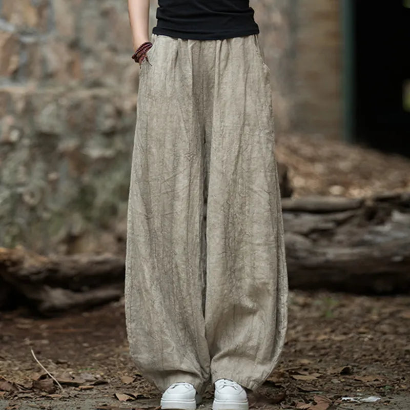 Elegant Women's Cotton Linen Baggy Cargo Pants Vintage Elastic Waist Yoga Trousers Loose Casual Long Wide Leg Oversize Clothes