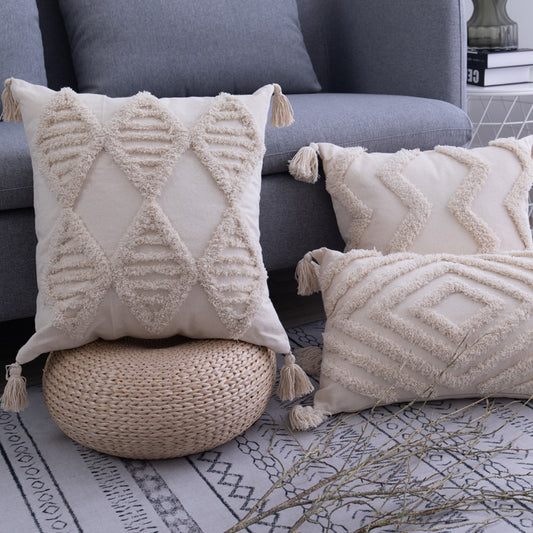 Tassels Cushion Cover 45x 45cm/30x50cm Beige Pillow Cover  Handmade