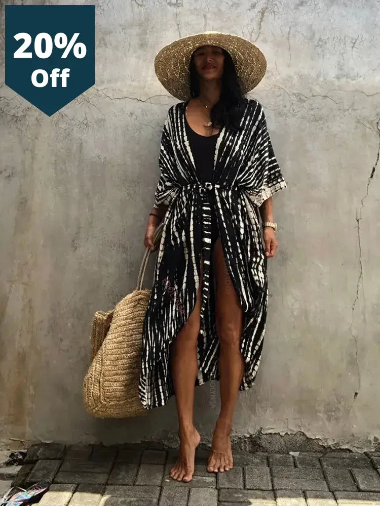 Bikini Cover-Ups Black Retro Striped Self Belted Women Summer Clothing Kimono Dress Beach Wear Swim