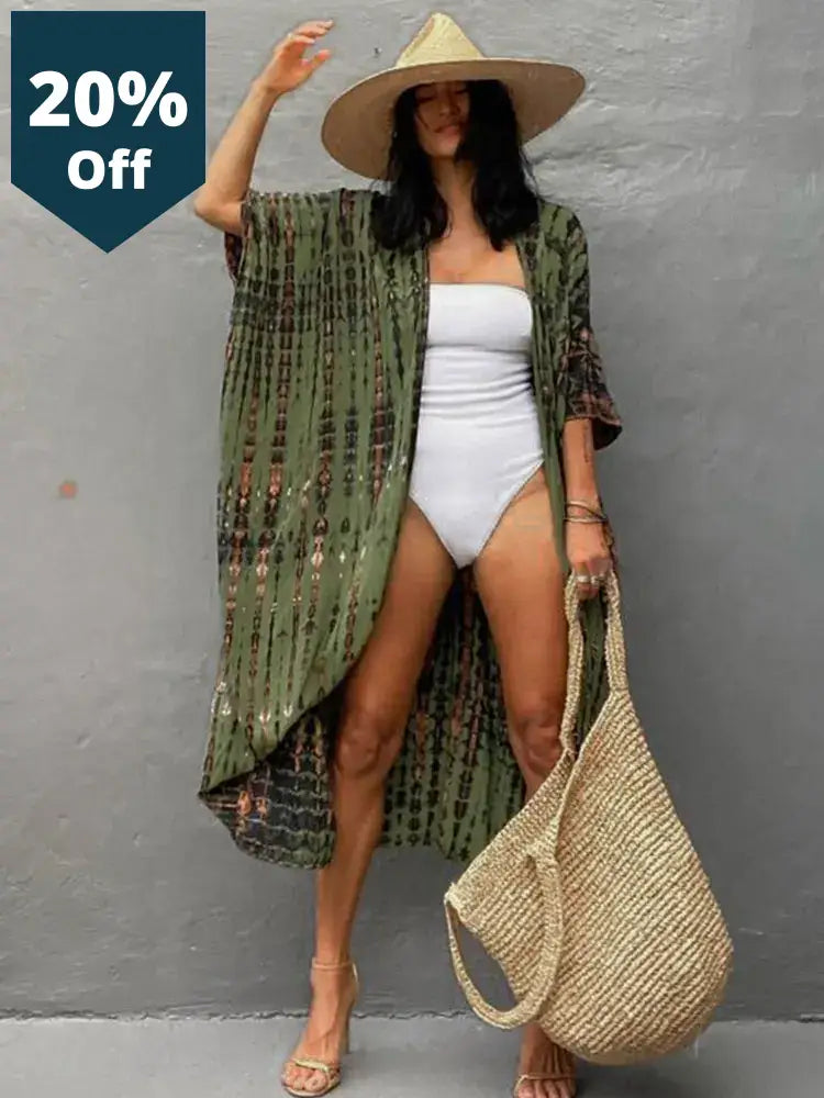 Bikini Cover-Ups Black Retro Striped Self Belted Women Summer Clothing Kimono Dress Beach Wear Swim