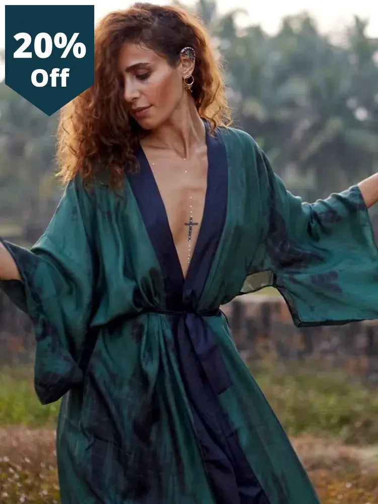 Bohemian Bikini Cover-Ups Retro Striped Self Belt Women Spring Summer Kimono Dress Beach Wear Swim