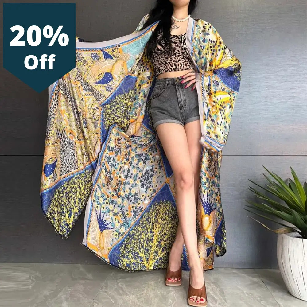 Bohemian Print Beachwear Bikini Cover-Ups Elegant Africa Kimono Cardigan Sexy Long Sleeve Silk