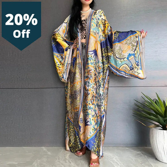 Bohemian Print Beachwear Bikini Cover-Ups Elegant Africa Kimono Cardigan Sexy Long Sleeve Silk