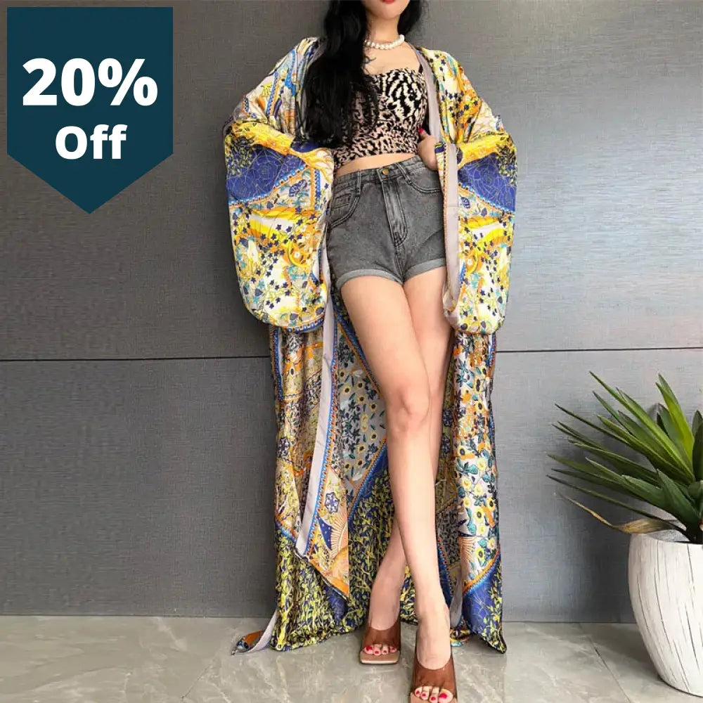 Bohemian Print Beachwear Bikini Cover-Ups Elegant Africa Kimono Cardigan Sexy Long Sleeve Silk