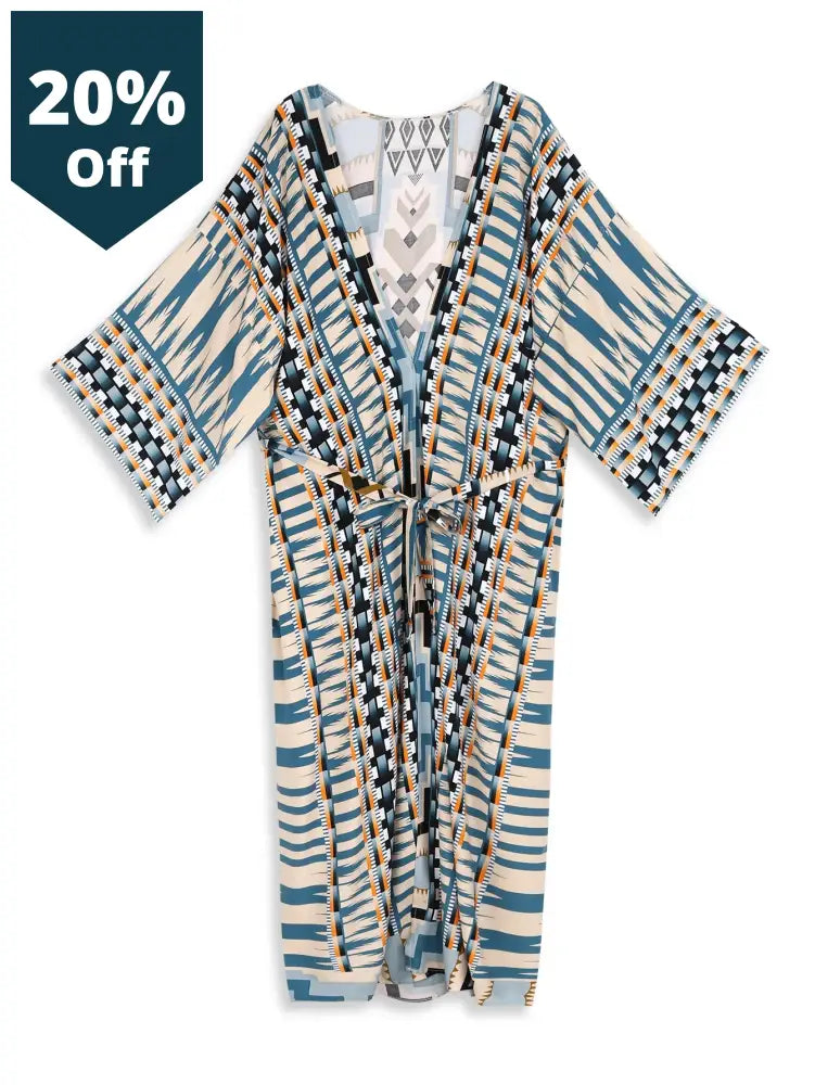 Bohemian Printed Bikini Cover-Ups Elegant Self Belted Kimono Dress Tunic Women Plus Size Beach Wear