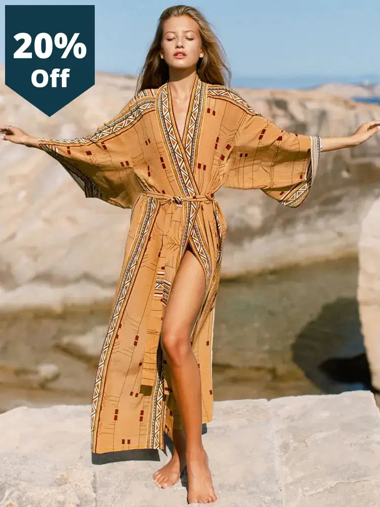 Bohemian Printed Bikini Cover-Ups Elegant Self Belted Kimono Dress Tunic Women Plus Size Beach Wear