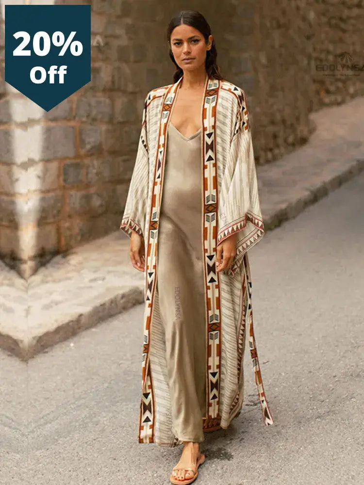 Bohemian Printed Bikini Cover-Ups Elegant Self Belted Kimono Dress Tunic Women Plus Size Beach Wear