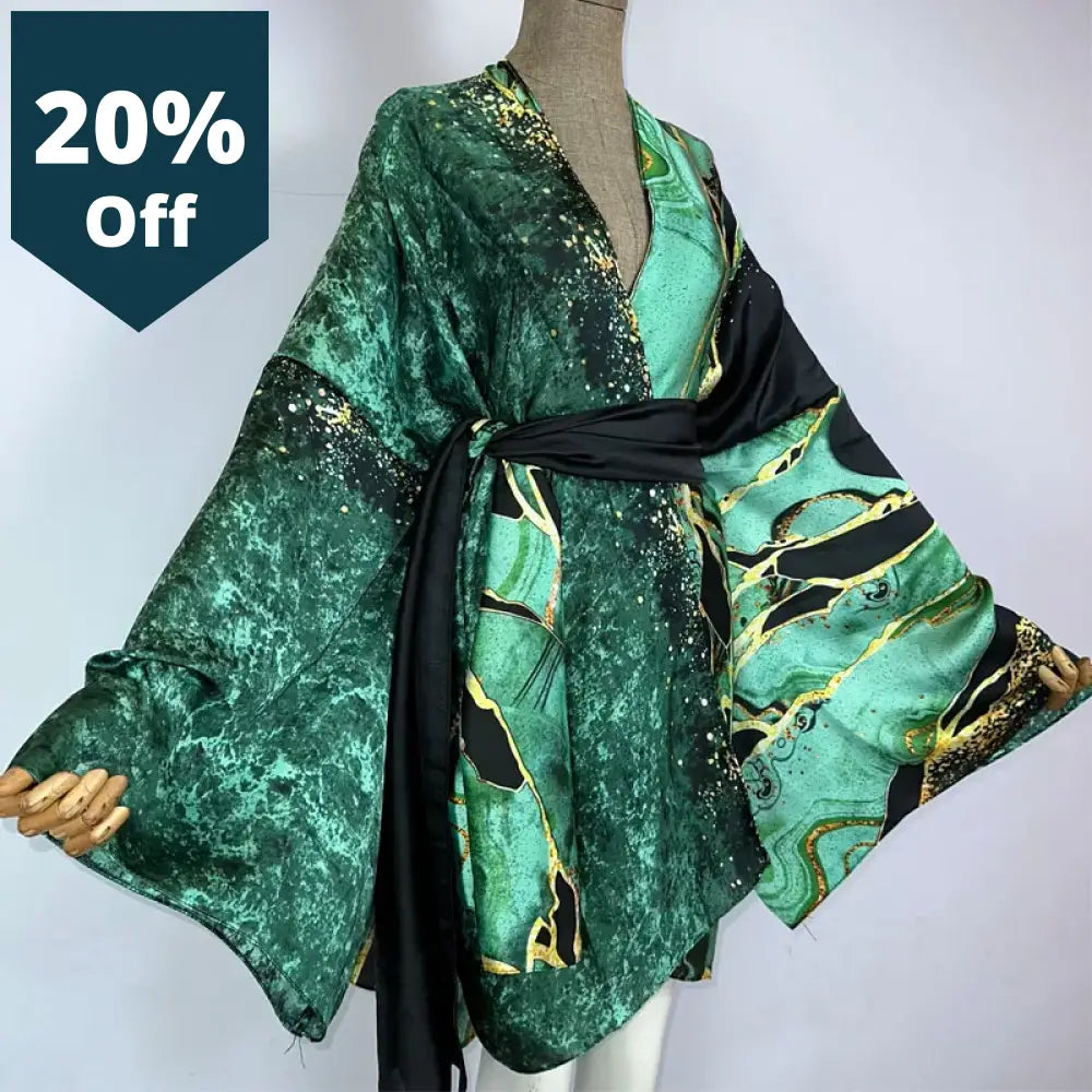 Bohemian Printed Bikini Cover-Ups Elegant Self Belted Kimono Dress Women Summer Clothing Holiday