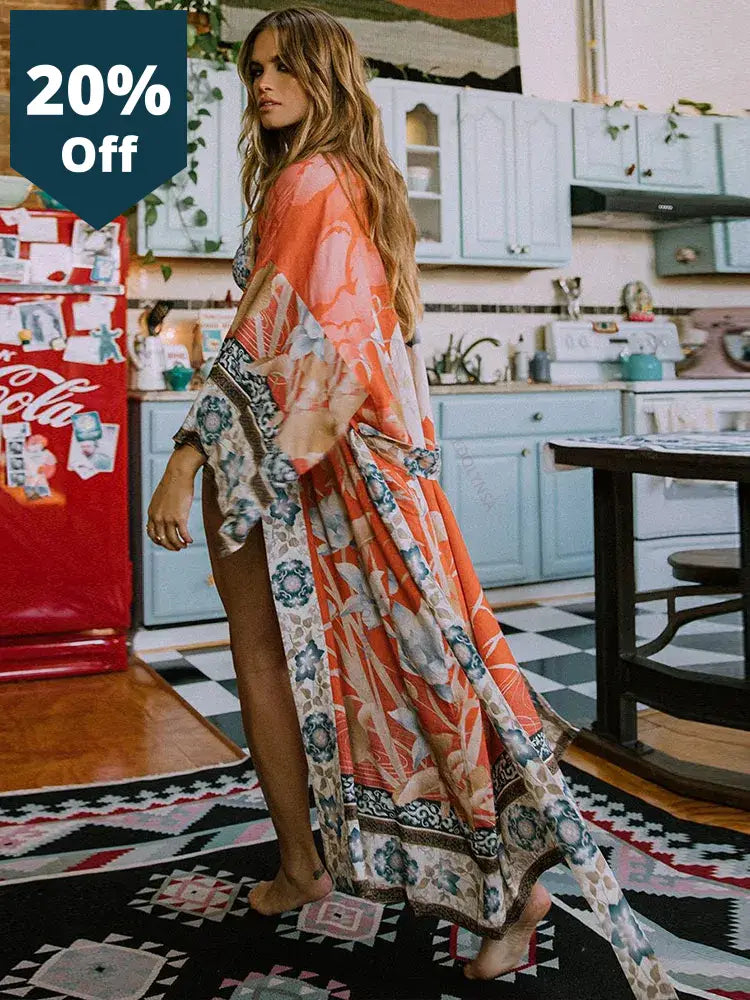 Bohemian Printed Self Belted Loose Summer Beach Tunic Plus Size Long Kimono Women Street Wear Casual