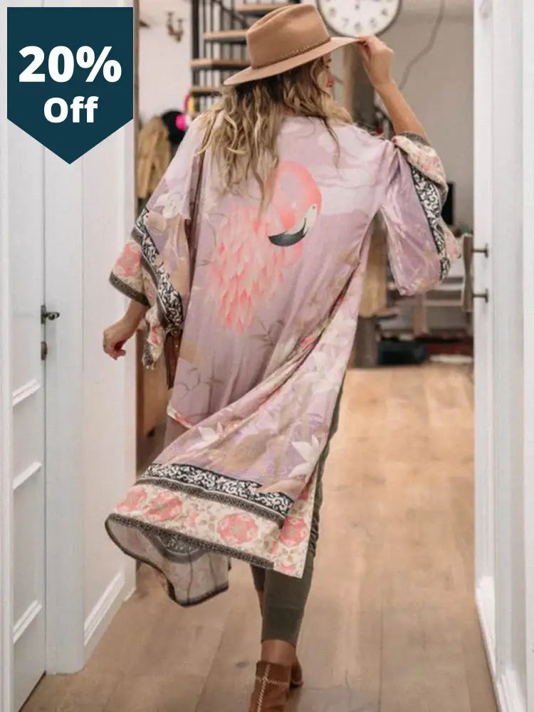 Bohemian Printed Self Belted Loose Summer Beach Tunic Plus Size Long Kimono Women Street Wear Casual