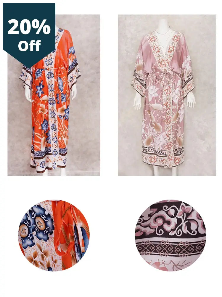 Bohemian Printed Self Belted Loose Summer Beach Tunic Plus Size Long Kimono Women Street Wear Casual