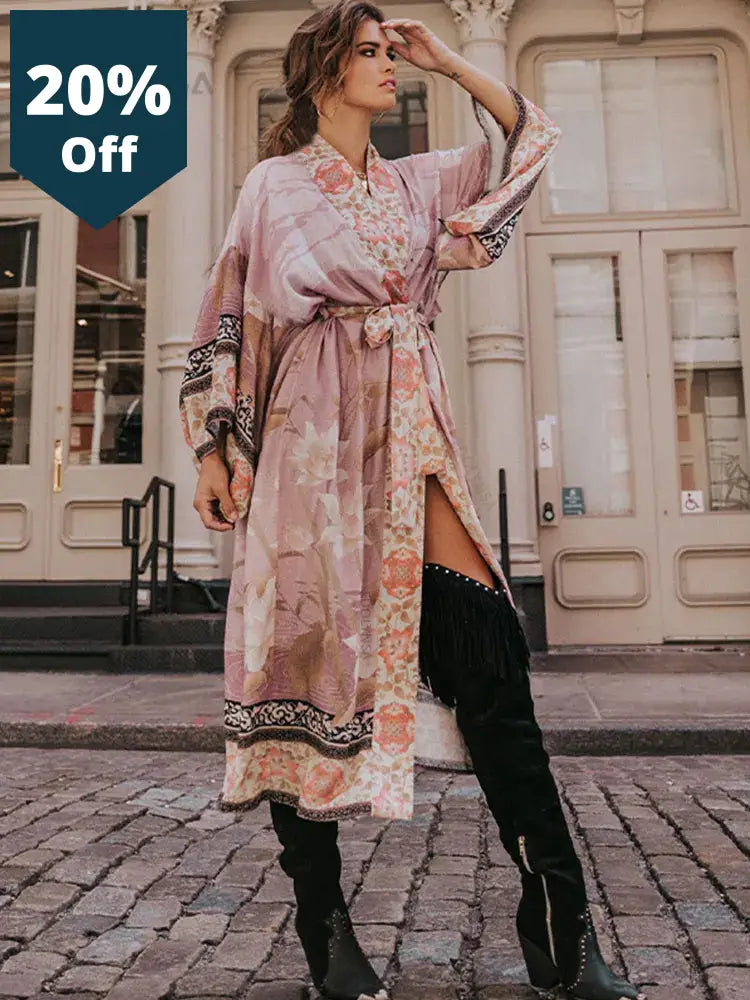 Bohemian Printed Self Belted Loose Summer Beach Tunic Plus Size Long Kimono Women Street Wear Casual