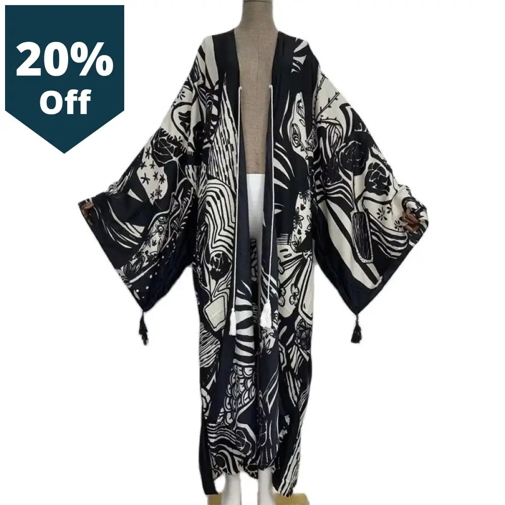 Bohemian Printed Summer Beach Wear Clothing Long Kimono Kaftan Tunic Women Tops Belted Wrap Coat