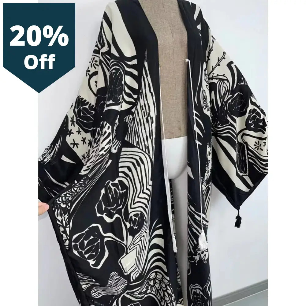 Bohemian Printed Summer Beach Wear Clothing Long Kimono Kaftan Tunic Women Tops Belted Wrap Coat