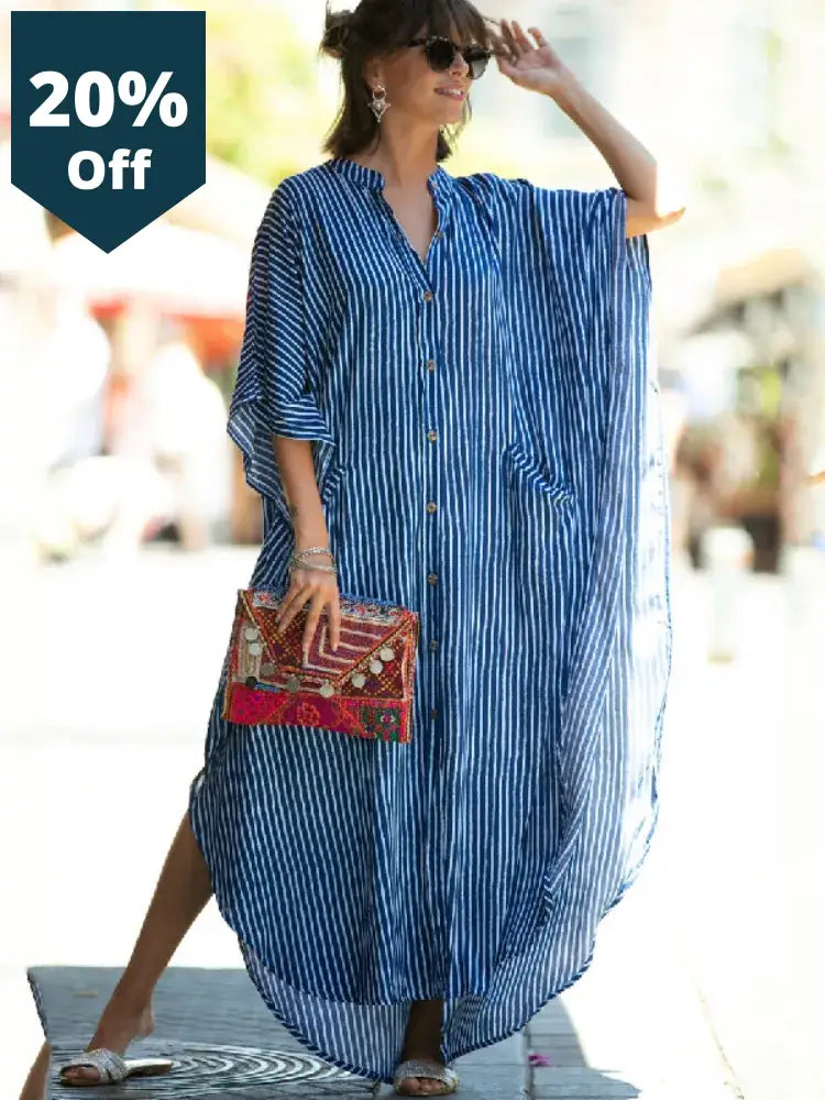 Casual Bikini Cover-Ups Blue Tunic Sexy Striped Front Open Summer Beach Dress Elegant Women Wear