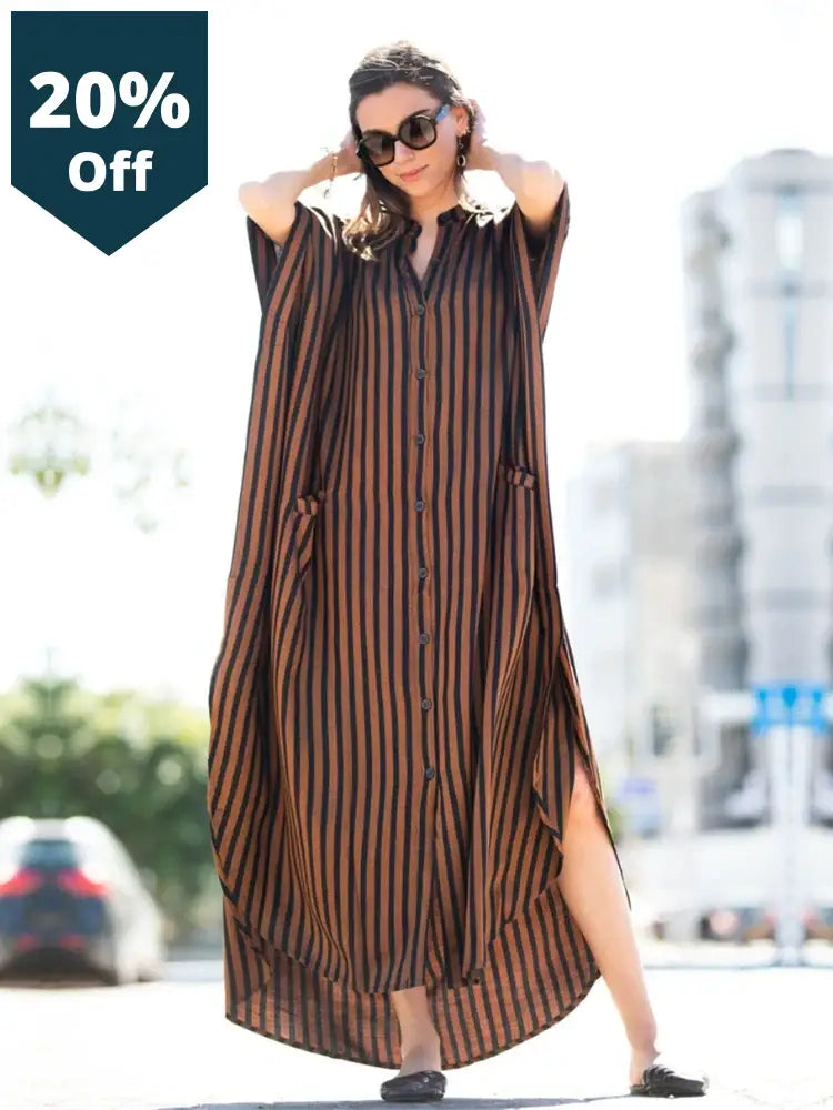 Casual Bikini Cover-Ups Blue Tunic Sexy Striped Front Open Summer Beach Dress Elegant Women Wear