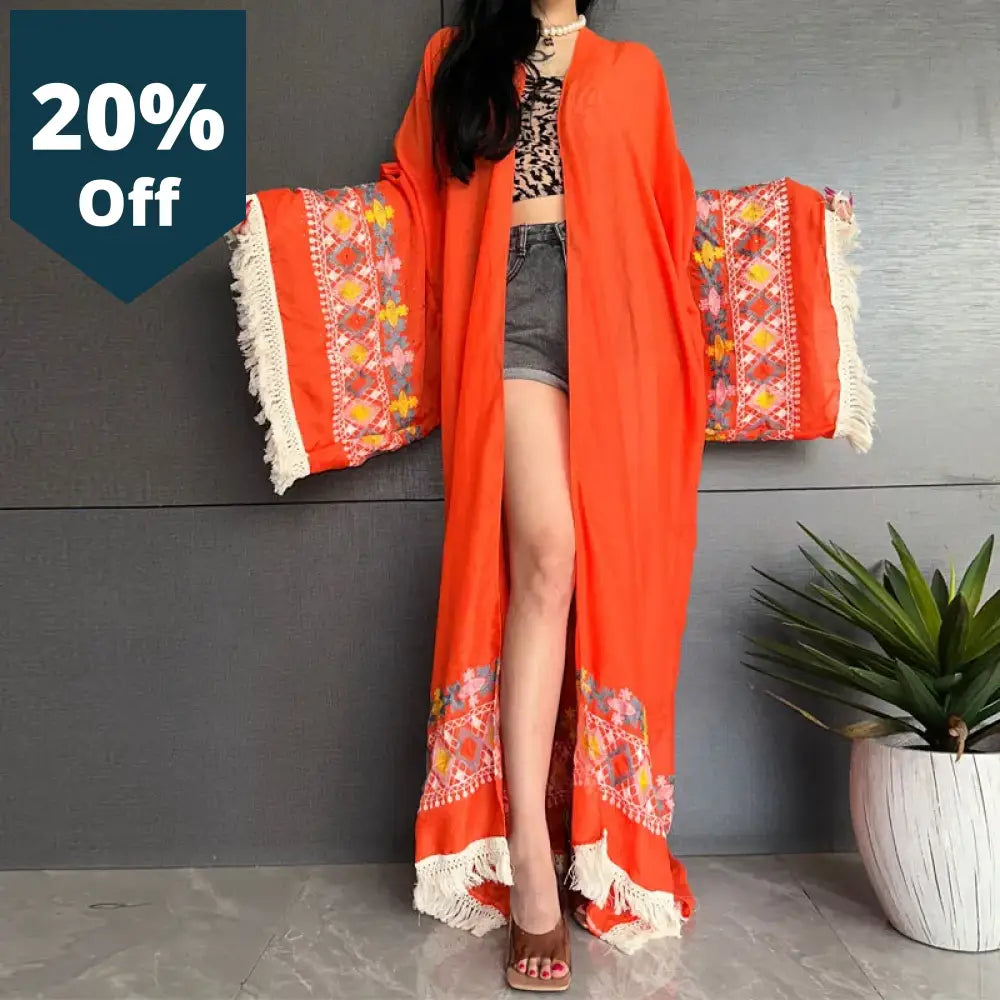 Embroidered Fringed Long Dress Boho Beach Holiday Beach Cover Ups For Swimwear Women Africa Kimono