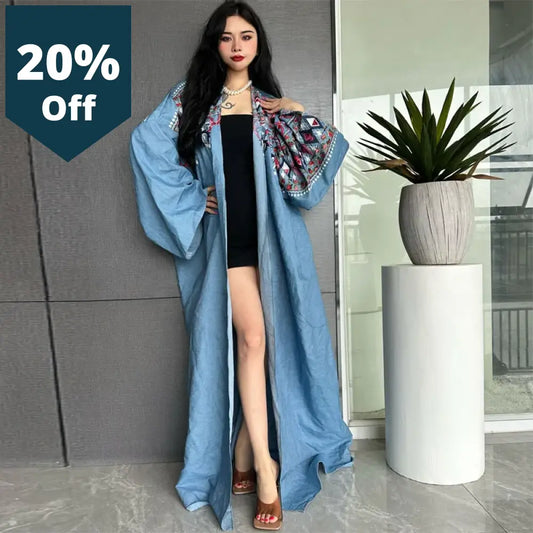 Embroidered Soft Denim Cardigan Women Coat Loose Long Dress Elegant Party Boho Maxi Beach Holiday