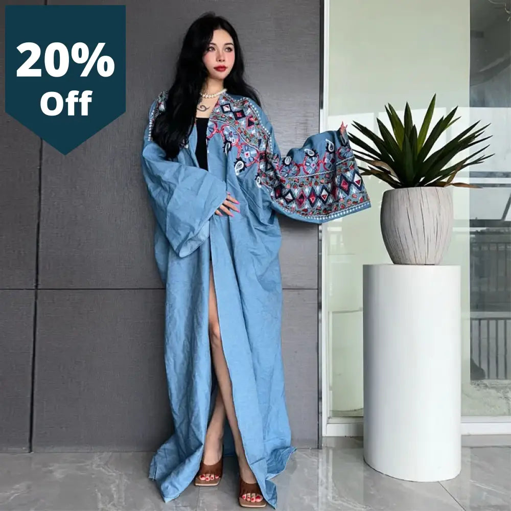 Embroidered Soft Denim Cardigan Women Coat Loose Long Dress Elegant Party Boho Maxi Beach Holiday