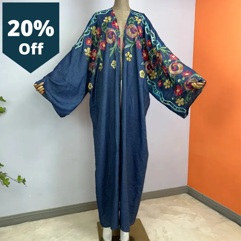 Embroidered Soft Denim Cardigan Women Coat Loose Long Dress Elegant Party Boho Maxi Beach Holiday