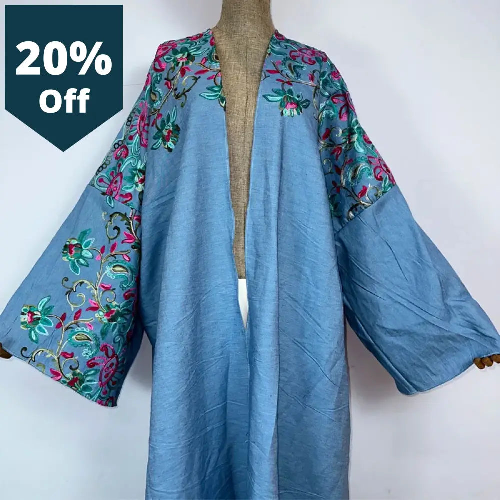 Embroidered Soft Denim Cardigan Women Coat Loose Long Dress Elegant Party Boho Maxi Beach Holiday