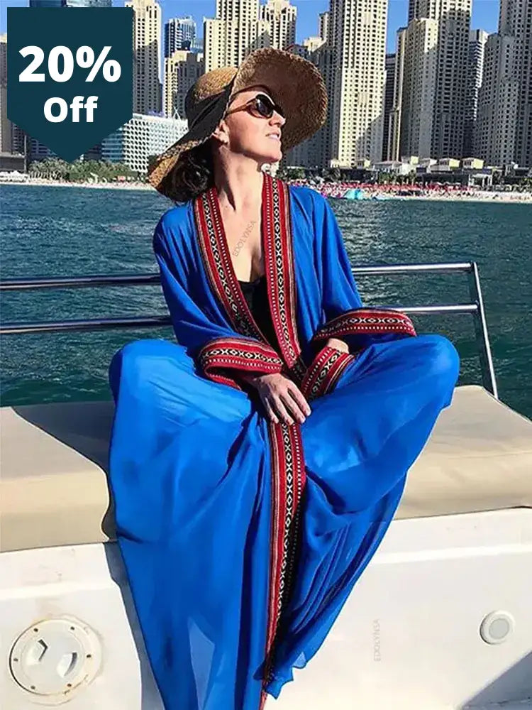 Embroidery Chiffon White Loose Kimono Dress Bathing Suit Cover Up Woman Summer Autumn Robe Beachwear