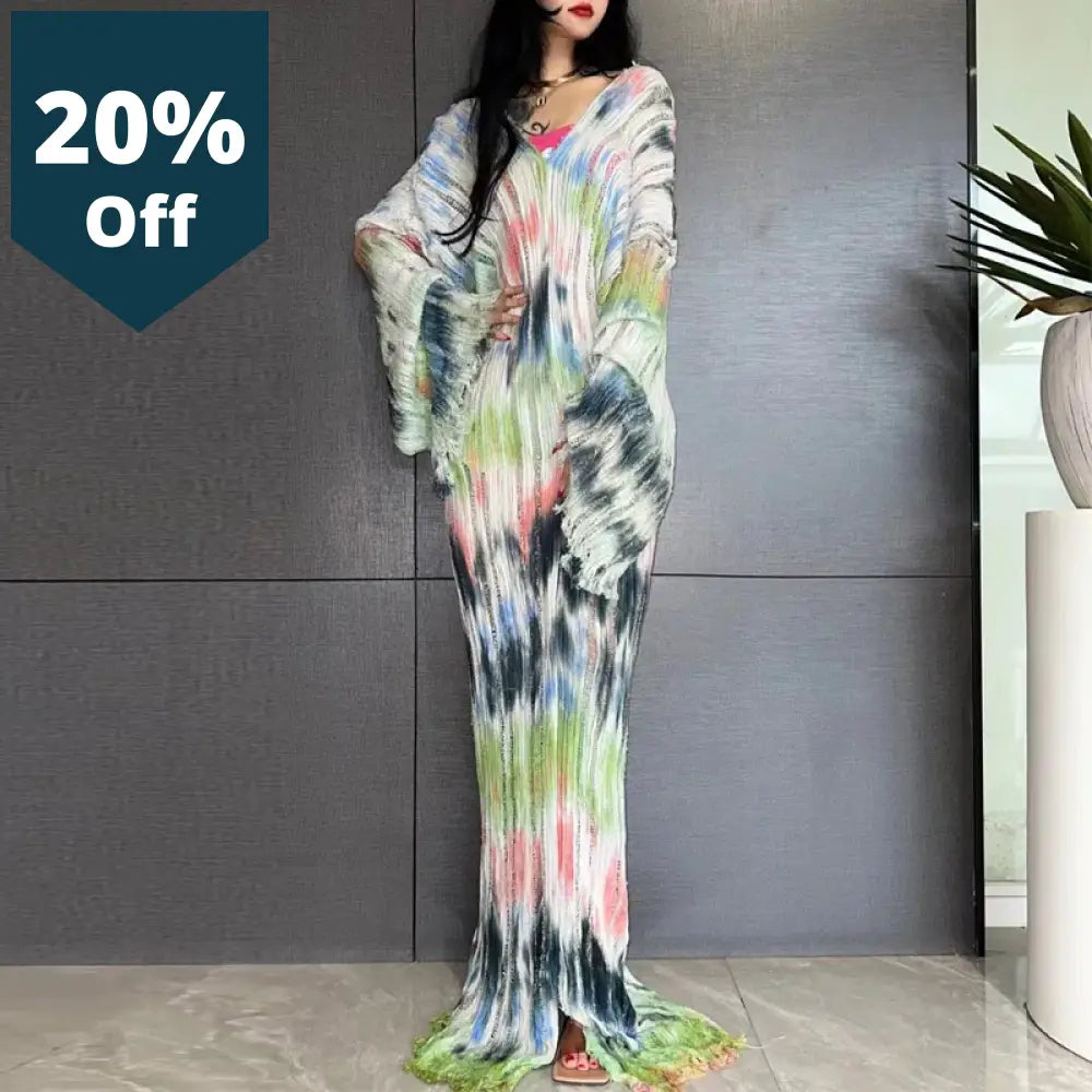 Fashion Print Summer V-Neck Knitted Hollow Sexy Long Dress Elegant Party Evening Women Beachwear