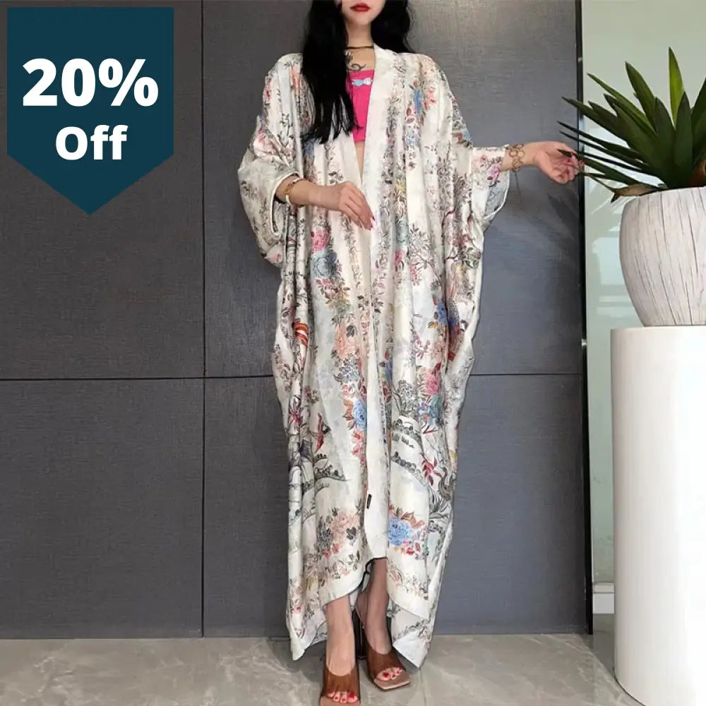 High-Grade Double-Sided Bohemian Printed Silk Dress Coat Beach Wear Cover Up Fashion Elegant Holiday