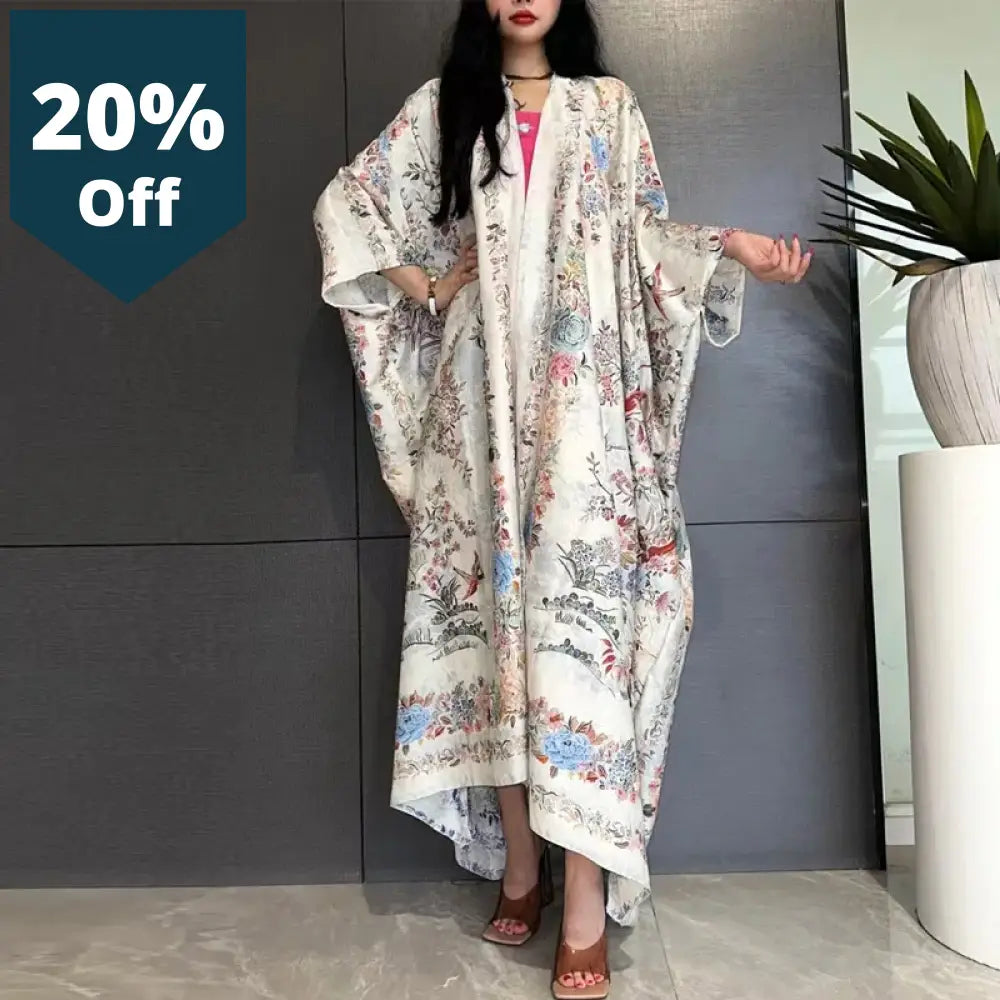 High-Grade Double-Sided Bohemian Printed Silk Dress Coat Beach Wear Cover Up Fashion Elegant Holiday