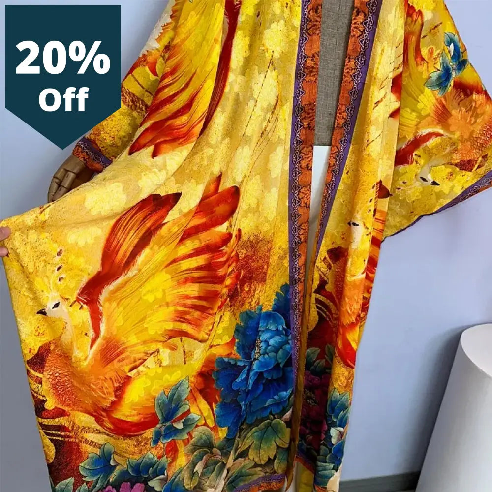 High Quality Double-Sided Printing Silk Dress Coat Beach Wear Cover Up Boho Fashion Elegant Holiday