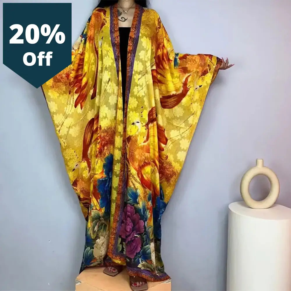 High Quality Double-Sided Printing Silk Dress Coat Beach Wear Cover Up Boho Fashion Elegant Holiday