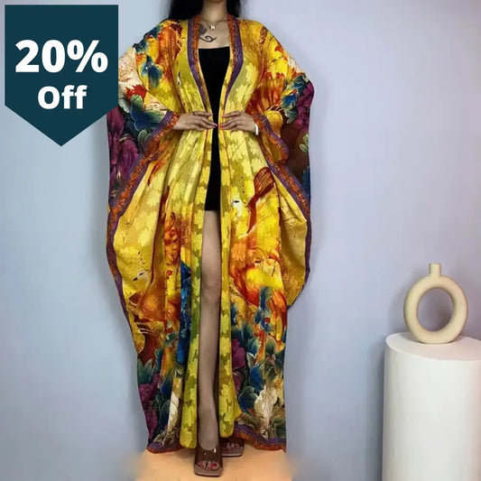 High Quality Double-Sided Printing Silk Dress Coat Beach Wear Cover Up Boho Fashion Elegant Holiday