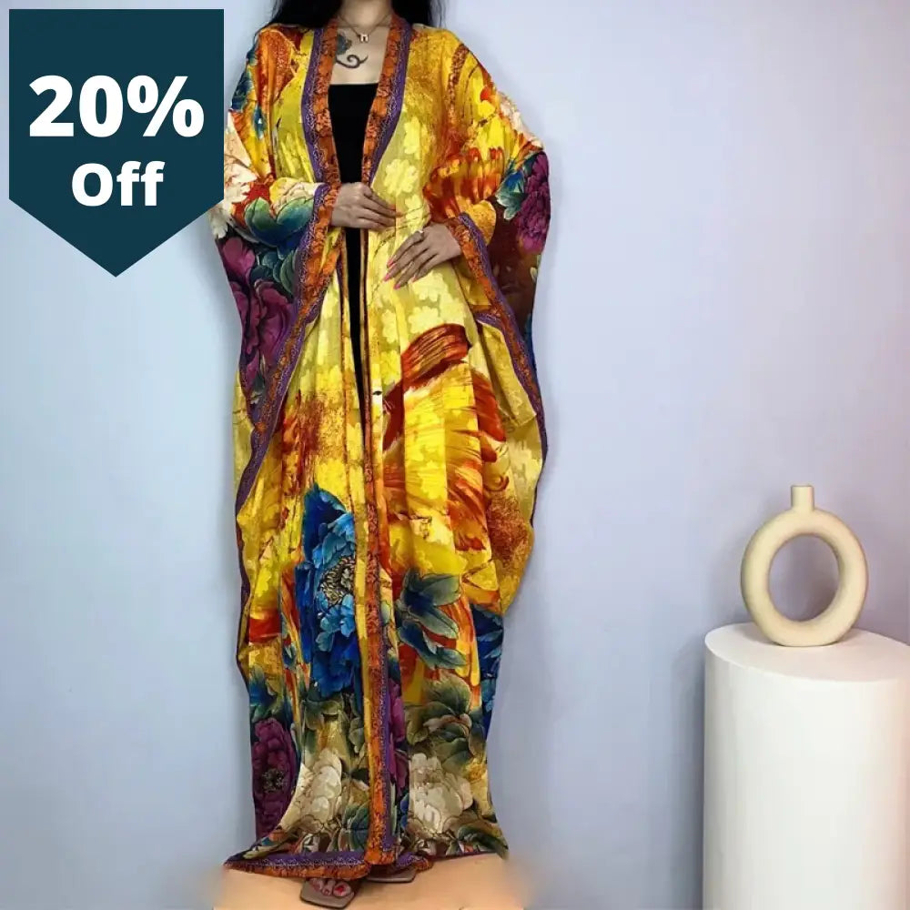 High Quality Double-Sided Printing Silk Dress Coat Beach Wear Cover Up Boho Fashion Elegant Holiday