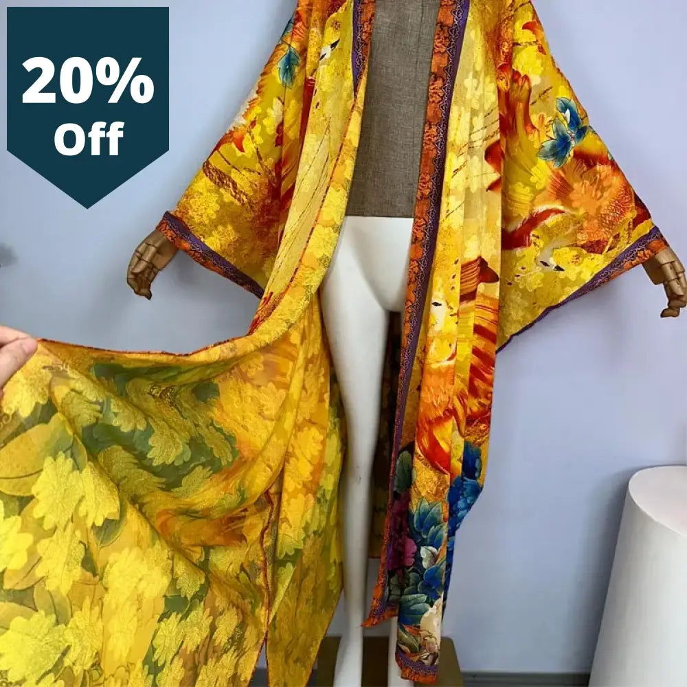 High Quality Double-Sided Printing Silk Dress Coat Beach Wear Cover Up Boho Fashion Elegant Holiday