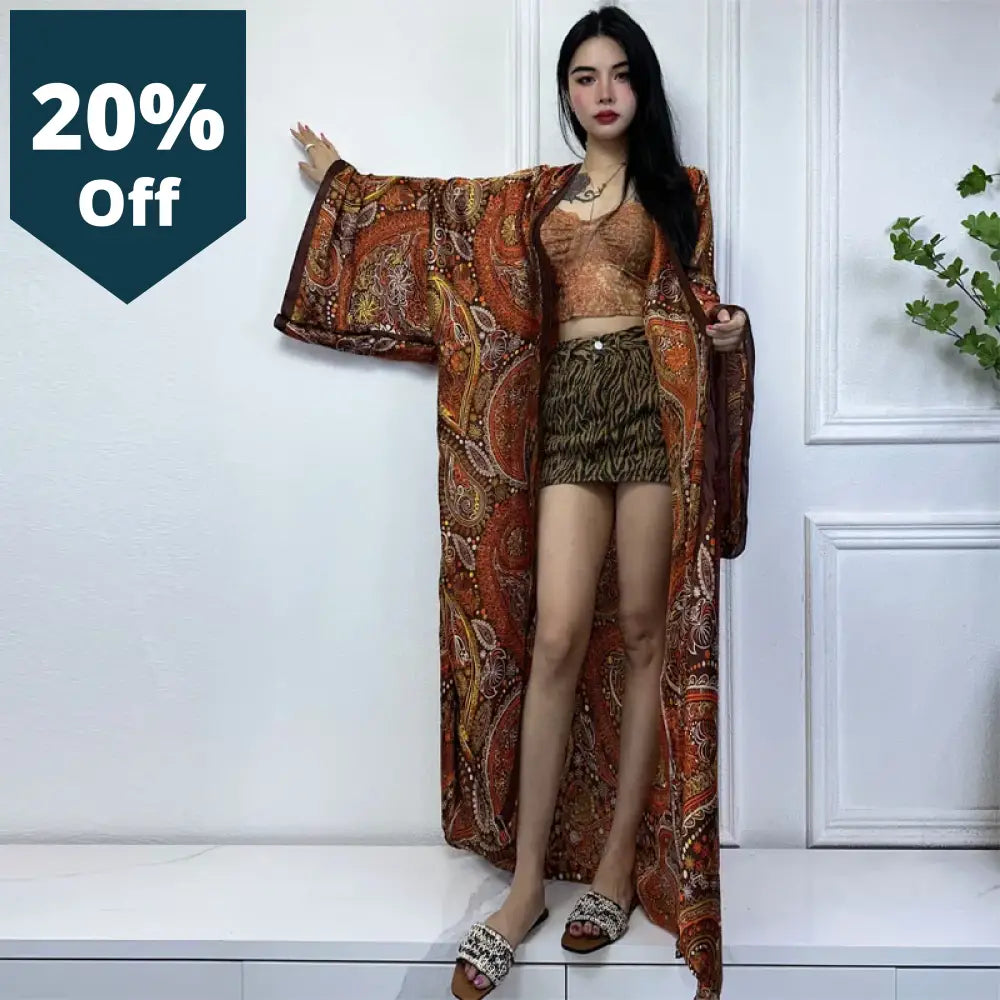 Kimono Africa Beach Wear Cover-Ups Classic Print Cardigan Outfits For Women Vestidos Swimwear Silk