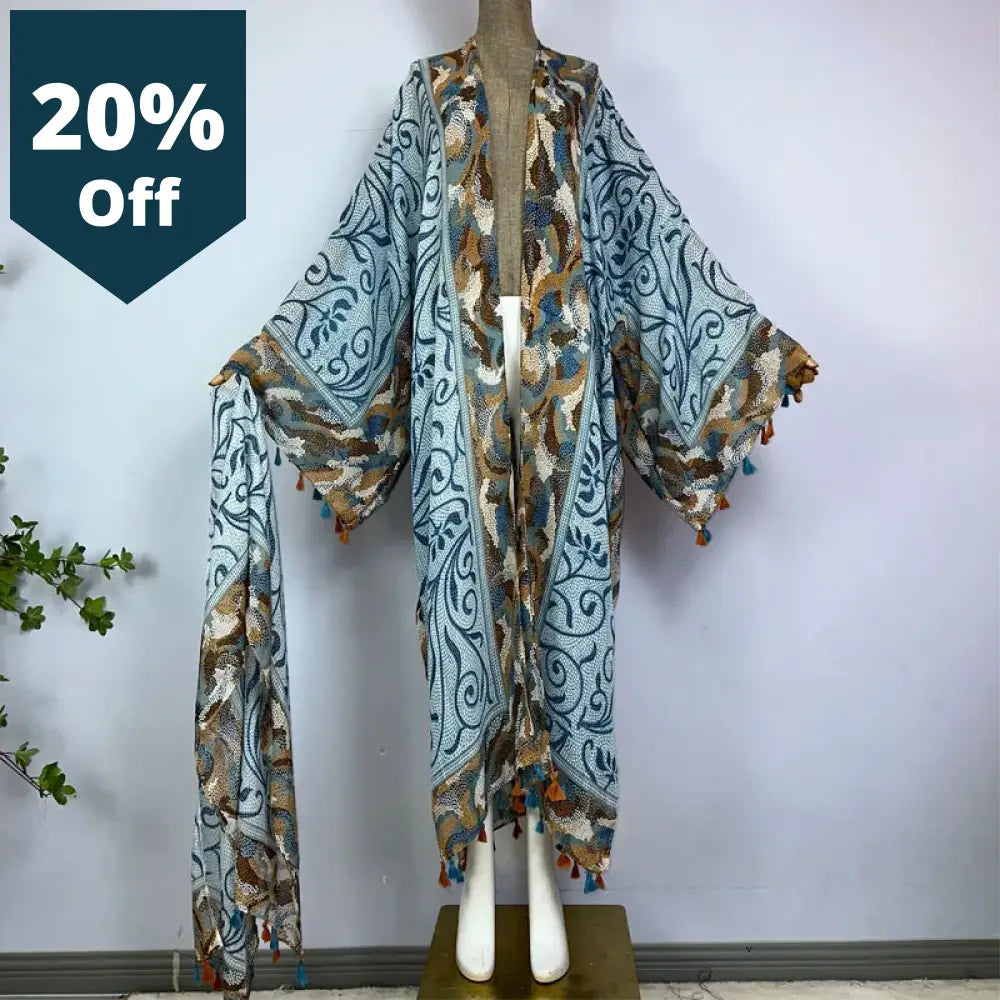 Kimono Beach Summer Abstract Print Bikini Cover-Up With Belt Sexy Cardigan Holiday Long Sleeve